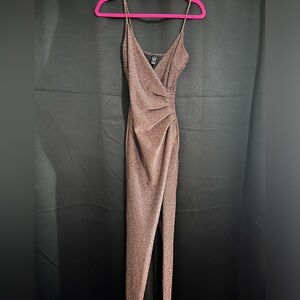 Black and pink glitter, high slit, bodycon homecoming dress.